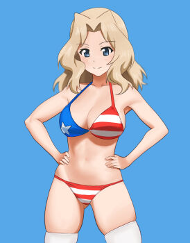 1girl american_flag american_flag_bikini american_flag_print bikini blonde_hair blue_background blue_eyes breasts cleavage cowboy_shot flag_print flag_print_bikini girls_und_panzer hands_on_own_hips kay_(girls_und_panzer) large_breasts long_hair print_bikini sesese_mimi smile solo swimsuit thighhighs white_thighhighs