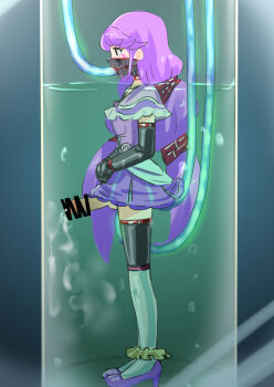 Rule 34 | 1futa, bar censor, black gloves, censored, cum, cure coral, dark persona, dress, ejaculation, elbow gloves, erection, from side, full body, futanari, futasub, gloves, high heels, in container, long hair, low twintails, magical girl, mask, mind control, penis, precure, profile, purple dress, purple hair, raitaroo, solo, standing, suzumura sango, thighhighs, tropical-rouge! precure, tube, twintails, very long hair, water