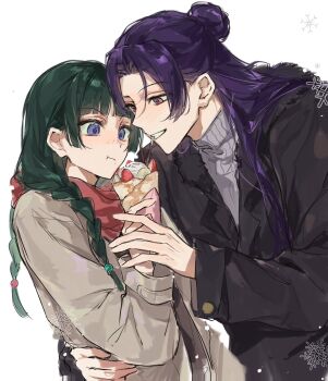 1boy 1girl black_jacket blunt_bangs braid brown_jacket closed_mouth commentary food freckles fruit green_hair grey_sweater grin hair_bun highres jacket jinshi_(kusuriya_no_hitorigoto) kusuriya_no_hitorigoto long_hair long_sleeves maomao_(kusuriya_no_hitorigoto) open_clothes open_jacket parted_bangs purple_hair simple_background smile snowflakes strawberry sweater symbol-only_commentary teeth upper_body yuikisezu