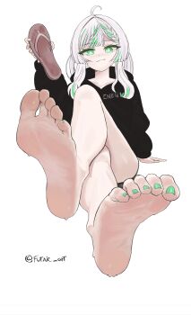 Rule 34 | 1girl, :3, absurdres, barefoot, crossed legs, feet, flip-flops, futsie, green eyes, highres, hood, hoodie, long hair, looking at viewer, multicolored hair, original, sandals, shoes, single shoe, smile, soles, streaked hair, sweat, toes, twintails, unworn shoes, white hair