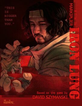 Rule 34 | 1boy, aegyo sal, beard, black eyes, black hair, blood, commentary, copyright name, english commentary, english text, facial hair, hand up, headband, highres, iron lung (movie), male focus, movie poster (medium), multiple views, partially submerged, person on hand, pool of blood, popped collar, red theme, short hair, simon (iron lung), source quote, soykyu, tunic, wavy hair