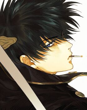 1boy black_hair black_jacket blue_eyes cigarette closed_mouth collared_jacket floating_hair gintama gold_trim hijikata_toushirou jacket katana lips male_focus profile sgat short_hair simple_background solo sword weapon white_background