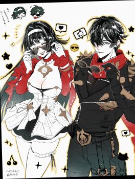 1boy 1girl astra_yao black_hair black_jacket breasts cherry chibi cleavage closed_eyes commentary dress food fruit green_eyes green_hair green_pants hair_over_one_eye hairband heart highres holding holding_removed_eyewear jacket jewelry large_breasts lighter_(zenless_zone_zero) long_hair mainichi_nemui necklace open_mouth pants pearl_necklace red_scarf red_shrug scarf short_hair shoulder_spikes shrug_(clothing) sparkle spiked_jacket spikes spoken_heart spoken_thumbs_up star_(symbol) strapless strapless_dress studded_gloves sunglasses symbol-only_commentary thigh_beads uneven_bangs unworn_eyewear white_background white_dress white_hairband zenless_zone_zero