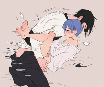 2boys age_difference al_(ahr) black_hair blue_hair blush ciel_phantomhive earrings feet full_body highres jewelry kuroshitsuji leg_lock male_focus multiple_boys profile sebastian_michaelis sex short_hair shota yaoi