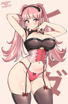 1girl armpits arms_up artist_name black_hairband blunt_bangs blush breasts cleavage closed_mouth clothing_cutout collarbone eyebrows_hidden_by_hair fire_emblem fire_emblem:_three_houses hairband highleg highleg_panties highres hilda_valentine_goneril hilda_valentine_goneril_(timeskip) jarckius large_breasts lingerie long_hair looking_at_viewer navel nintendo panties pink_eyes pink_hair pink_nails red_panties shiny_skin skindentation sleeveless smile solo standing thighhighs thighs twintails underwear very_long_hair