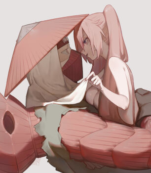 1boy 1girl bad_id bad_pixiv_id black_gloves black_headband clothed_male_nude_female facial_mark file-mei fingernails genderswap genderswap_(mtf) gloves grey_background han_(naruto) hat headband highres looking_at_another mask mouth_mask naruko_(naruto) naruto:_road_to_ninja naruto_(classic) naruto_(series) naruto_shippuuden nude open_mouth pink_eyes pink_hair purple_eyes red_headwear simple_background smile torn_clothes twintails uzumaki_naruto whisker_markings