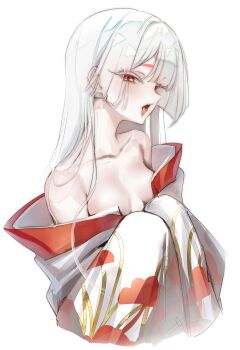 1girl absurdres bare_shoulders breasts character_request collarbone copyright_request cropped_torso highres japanese_clothes kimono kimono_partially_removed long_hair long_sleeves looking_at_viewer na1tsu2me3 open_mouth parted_bangs red_eyes red_kimono simple_background sleeves_past_fingers sleeves_past_wrists small_breasts solo tongue tongue_out two-tone_kimono white_background white_hair white_kimono wide_sleeves