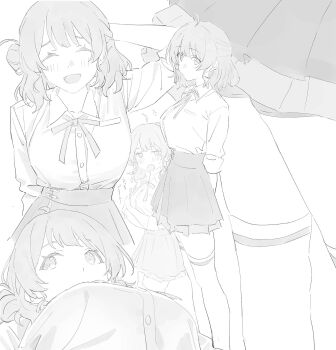 1girl :d ^_^ ahoge arm_behind_head arms_behind_back arms_under_breasts blush breasts closed_eyes collared_shirt covered_mouth dress_shirt gakuen_idolmaster half_updo hanami_ume highres idolmaster jitome large_breasts mikazuchi_zeus monochrome multiple_views open_mouth pleated_skirt school_uniform shirt short_hair simple_background single_horizontal_stripe skirt smile thighhighs white_background zettai_ryouiki