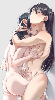 2girls bang_dream! bang_dream!_it&#039;s_mygo!!!!! black_hair blush breasts closed_eyes commentary doki_(oox3o) english_commentary grey_background groping hair_between_eyes highres hug large_breasts leg_between_thighs licking licking_another&#039;s_neck long_hair medium_hair mole mole_under_eye multiple_girls navel nude open_mouth shiina_taki sweat yahata_umiri yuri