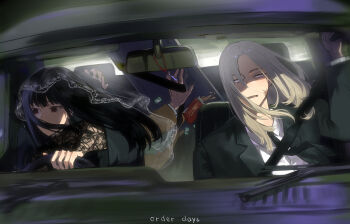 1girl 2boys 5a1_uei absurdres black_dress black_hair black_jacket black_necktie blonde_hair blurry blurry_foreground box brown_jacket car car_interior dark dress driving empty_eyes english_text facial_scar food french_fries from_front from_outside highres holding holding_steering_wheel indoors jacket lace lace_dress lace_sleeves long_hair looking_to_the_side motor_vehicle multiple_boys nagumo_(sakamoto_days) necktie open_mouth osaragi_(sakamoto_days) red_eyes sakamoto_days scar scar_on_cheek scar_on_face shirt shishiba_(sakamoto_days) sitting steering_wheel upper_body veil white_shirt white_veil