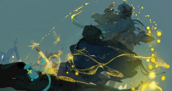 1boy 1girl absurdres ahoge arm_up black_bow black_hair blue_capelet blue_hair bow capelet chinese_commentary commentary_request dress fireflies floating_hair from_behind hair_ornament highres jar long_hair long_sleeves original outdoors white_dress xixun