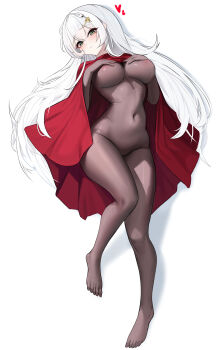 1girl absurdres areola_slip black_bodysuit blush bodysuit breasts bryuni cleavage cloak closed_mouth cosplay covered_groin covered_navel covering_breasts covering_privates eyeliner feet from_above full_body green_eyes hair_between_eyes hair_intakes hair_ornament hair_spread_out hands_on_own_chest hands_up head_tilt heart highres hollow_knight hollow_knight:_silksong horned_mask hornet_(hollow_knight) hornet_(hollow_knight)_(cosplay) hyua indie_virtual_youtuber large_breasts legs long_hair looking_at_viewer lying makeup mask on_back red_cloak red_eyeliner sidelocks simple_background solo thighs toes underboob very_long_hair virtual_youtuber white_background white_hair