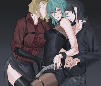 3girls absurdres black_dress black_eyes black_gloves black_hair black_pantyhose black_shirt black_skirt black_thighhighs blonde_hair blue_eyes blue_hair blush breasts chief_(path_to_nowhere) collared_shirt commentary cuffs dress elbow_gloves female_chief_(path_to_nowhere) girl_sandwich gloves grey_background handcuffs highres holding_hands langley_(path_to_nowhere) leg_between_thighs long_sleeves medium_breasts medium_hair multiple_girls necktie nightingale_(path_to_nowhere) pantyhose parted_lips path_to_nowhere red_necktie red_shirt sandwiched shirt skirt symbol-only_commentary thighhighs ubf_(noes565) yuri