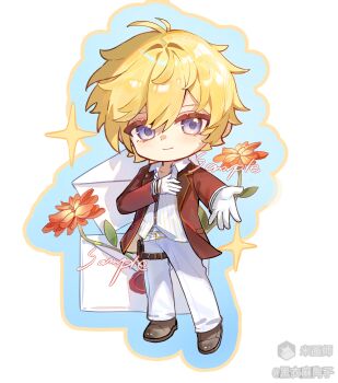 1boy absurdres blonde_hair blue_outline brown_shoes chibi chibi_only closed_mouth collared_shirt double-parted_bangs flower full_body gloves hair_between_eyes heiyi_mataozi highres jacket long_sleeves looking_at_viewer male_focus open_clothes open_jacket original outline outstretched_arm pants purple_eyes red_flower red_jacket shirt shoes short_hair smile solo sparkle standing striped_clothes striped_shirt vertical-striped_clothes vertical-striped_shirt white_gloves white_pants white_shirt wing_collar
