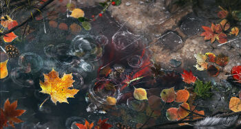 ant autumn autumn_leaves berry bug cold feathers highres insect leaf mud mushroom original painterly pinecone puddle rain refiend reflection reflective_liquid scenery signature spider stick water water_drop