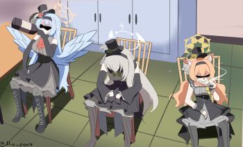 3girls absurdres alcohol alice_picaro animal_ear_fluff animal_ears back_street_girls:_gokudolls black_boots black_gloves black_hairband black_hat black_pantyhose black_skirt blue_archive blue_hair blue_wings boots bottle bow cat_ears cat_girl chair cigarette commentary_request detached_sleeves drinking elbow_gloves feathered_wings flower gloves green_bow green_flower grey_hair grey_shirt hairband halo hat hat_flower high-waist_skirt highres holding holding_bottle holding_cigarette indoors knee_boots long_hair mari_(blue_archive) mari_(idol)_(blue_archive) meme mine_(blue_archive) mine_(idol)_(blue_archive) mini_hat mini_top_hat multiple_girls no_eyes official_alternate_costume official_alternate_hairstyle on_chair orange_hair pantyhose petticoat red_bow red_flower sakurako_(blue_archive) sakurako_(idol)_(blue_archive) shaded_face shirt sitting skirt smoking striped_clothes striped_pantyhose top_hat vertical-striped_clothes vertical-striped_pantyhose wings wrist_cuffs yellow_flower yellow_halo