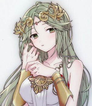 1girl breasts chain circlet collarbone gold_chain gold_pendant green_eyes green_hair grey_background jewelry kid_icarus kid_icarus_uprising large_breasts nintendo palutena parted_lips pendant shiki_aqt solo source_request upper_body vambraces