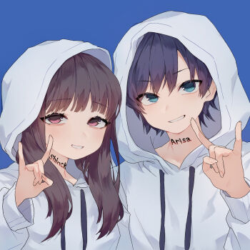 Rule 34 | 1boy, 1girl, \n/, blue background, blue eyes, blue hair, brown hair, choppy bangs, commentary request, commission, drawstring, hand up, highres, hood, hood up, hoodie, long hair, long sleeves, looking at viewer, okubatomaeba, original, parted lips, pink eyes, short hair, sidelocks, simple background, smile, white hoodie, wispy bangs