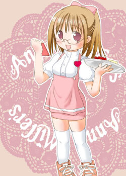 Rule 34 | 1girl, anna miller, apron, bad id, bow, brown hair, food, fruit, glasses, hair bow, hatomugi (mamotan), holding, holding notepad, holding tray, looking at viewer, medium hair, notepad, open mouth, original, pink apron, pink bow, pink eyes, pink shoes, pink skirt, ponytail, shirt, shoes, skirt, smile, solo, standing, strawberry, thighhighs, thighs, tray, waitress, white shirt, white thighhighs