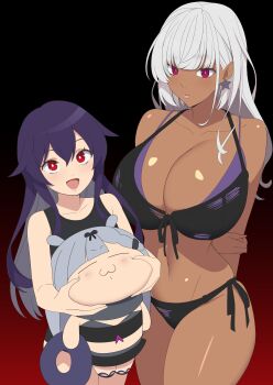 3girls :3 absurdres akatsuki_(kancolle) alternate_eye_color alternate_hair_color alternate_skin_color arms_behind_back atlanta_(kancolle) atlanta_(swimsuit)_(kancolle) bikini black_bikini black_hair black_one-piece_swimsuit breasts chibi cleavage colored_inner_hair commentary_request dark-skinned_female dark_skin earrings front-tie_bikini_top front-tie_top gradient_background grey_bikini grey_hair hair_flaps hair_ornament hairclip highres holding_chibi huge_breasts innertube jewelry kantai_collection kloah layered_bikini long_hair multicolored_hair multiple_girls navel one-piece_swimsuit open_mouth purple_bikini purple_eyes red_background red_eyes red_hair side-tie_bikini_bottom smile star_(symbol) star_earrings swim_ring swimsuit two-tone_hair v-shaped_eyebrows white_hair yuudachi_(kancolle) yuudachi_kai_ni_(swimsuit)_(kancolle)