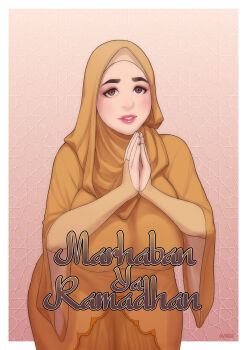 1girl artist_name brown_eyes dress gradient_background highres hijab hijabolic islam orange_dress original own_hands_together paid_reward_available pink_background pink_lips ramadan solo