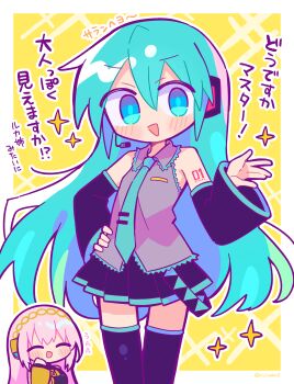 2girls :&gt; ^_^ absurdres alternate_hairstyle aqua_necktie aqua_pupils arm_tattoo black_shoes black_skirt black_sleeves blue_eyes blush boots border closed_eyes collared_shirt commentary_request detached_sleeves grey_shirt hair_between_eyes hand_on_own_hip hatsune_miku headset highres long_hair megurine_luka miniskirt multiple_girls necktie number_tattoo open_mouth outline pink_hair pleated_skirt richard_(richaball) shirt shoes skirt sleeveless sleeveless_shirt solo_focus tattoo thigh_boots tie_clip translation_request twitter_username vocaloid white_outline yellow_sleeves