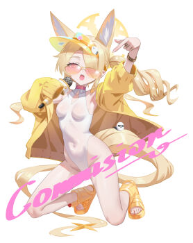 1girl absurdres animal_ear_fluff animal_ears armpits bird blonde_hair blue_archive bracelet breasts clothing_cutout commission covered_navel cross_halo diamond_cutout fox_ears fox_girl fox_tail halo highleg highleg_one-piece_swimsuit highres jacket jewelry long_hair microphone official_alternate_costume official_alternate_hairstyle one-piece_swimsuit orange-tinted_eyewear orange_eyes pointing pointing_down seia_(blue_archive) seia_(swimsuit)_(blue_archive) shortofsugar side_ponytail simple_background small_breasts solo sunglasses swimsuit tail tinted_eyewear tit_(bird) visor_cap white_background white_one-piece_swimsuit yellow_halo yellow_jacket yellow_visor