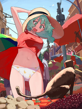 1boy 1girl @_@ absurdres accidental_exposure animal aqua_hair banana_panties banana_print blush city clothes_lift day dress dress_lift food food_print fruit fruit_print grapes hat highres monkey navel open_mouth original outdoors panties parasol power_lines print_panties red_dress sleeveless solo_focus some1else45 straw_hat sun_hat sundress umbrella underwear urban white_panties wind wind_lift