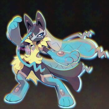 Rule 34 | artist name, black background, black fur, blonde hair, blue fur, gradient background, highres, looking to the side, mega lucario z, multicolored fur, nintendo, pokemon, pokemon (creature), solo, tabbz, watermark, yellow fur
