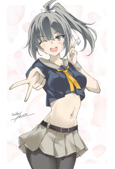 1girl artist_name black_pantyhose brown_eyes commentary_request cowboy_shot dated double_v gakky green_hair grey_sailor_collar grey_skirt hair_ribbon highres kantai_collection looking_at_viewer navel neckerchief necktie one-hour_drawing_challenge one_eye_closed orange_neckerchief orange_necktie pantyhose pleated_skirt ponytail ribbon sailor_collar school_uniform serafuku skirt smile solo v white_background white_ribbon yuubari_(kancolle) yuubari_kai_ni_(kancolle)