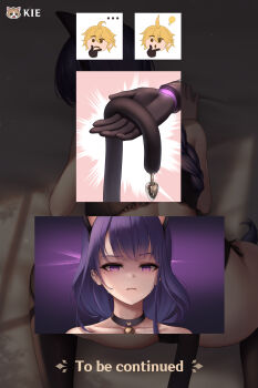 1boy 1girl absurdres aether_(genshin_impact) animal_ears black_choker choker collarbone commentary_request english_text fake_animal_ears genshin_impact highres holding kie_(wylee2212) light_bulb long_hair parted_lips purple_eyes purple_hair raiden_shogun to_be_continued