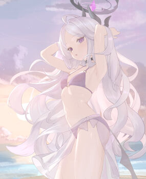 1girl absurdly_long_hair absurdres ahoge alternate_costume armpits arms_behind_head bikini black_choker black_halo blue_archive blush choker commentary demon_girl demon_horns demon_wings forehead gman_(gsdeman) grey_hair halo hands_in_own_hair highres hina_(blue_archive) horns long_hair ocean open_mouth outdoors purple_bikini purple_eyes sky solo swimsuit very_long_hair wings