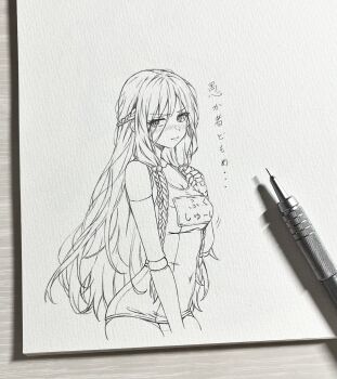 1girl alternate_costume art_tools_in_frame blush breasts cleavage closed_mouth commentary_request covered_navel doll doll_joints elden_ring elden_ring_nightreign graphite_(medium) highres joints long_hair one-piece_swimsuit photo_(medium) revenant_(elden_ring) seishun_dendeke solo standing swimsuit traditional_media translation_request very_long_hair