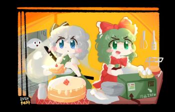 2girls :d alternate_hairstyle back_bow black_border black_bow blue_eyes blush_stickers border bow bowl cake cake_slice cherry closed_mouth collared_shirt dress egg egg_carton fish fluffy_hair food frilled_bow frills front_ponytail fruit furrowed_brow green_eyes green_shirt green_skirt grey_hair hair_bow highres holding holding_plate hzui icing jug_(bottle) kagiyama_hina kitchen konpaku_youmu konpaku_youmu_(ghost) medium_hair multiple_girls no_lineart open_mouth oven pastry_bag pie plate puffy_short_sleeves puffy_sleeves red_bow red_dress sacabambaspis scabbard sheath shirt short_sleeves signature skirt smile spatula table touhou whisk white_sleeves wire