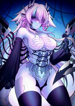 Rule 34 | 1girl, absurdres, android, blush, breasts, bug (houndeater), choker, colored eyelashes, colored skin, gloves, highres, long hair, mole, mole under eye, naofaro, no nipples, no pussy, original, pink hair, tail, thighhighs, very long hair, white skin