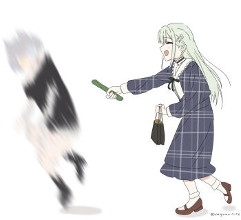 2girls bang_dream! bang_dream!_it&#039;s_mygo!!!!! black_choker black_shirt blue_dress brown_shoes choker commentary_request cucumber dress feral_instincts frilled_choker frills green_hair hair_ornament hairclip heterochromia highres kaname_raana long_hair long_sleeves multiple_girls nagomu_7_56 plaid_clothes plaid_dress raana_the_cat shirt shoes simple_background smear_frame unmoving_pattern wakaba_mutsumi white_background