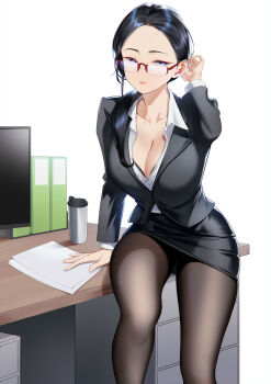 1girl arm_support black_bra black_hair black_jacket black_skirt blueorca bra bra_peek breasts brown_pantyhose cleavage collarbone commentary desk feet_out_of_frame forehead glasses highres indoors jacket large_breasts looking_at_viewer miniskirt monitor office_lady open_collar original pantyhose pencil_skirt red-framed_eyewear shirt sitting skirt solo tucking_hair tumbler underwear white_shirt