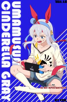 1girl anger_vein animal_ears blue_eyes blue_hairband blue_shorts collarbone commentary_request crossed_legs ear_covers fang grey_hair hair_between_eyes hairband headband heart heart_print highres holding horse_ears horse_girl lightning_bolt_print long_hair long_sleeves nintendo_switch open_mouth red_headband shirt shorts sitting socks solo tamamo_cross_(casual)_(umamusume) tamamo_cross_(umamusume) teeth umamusume umamusume:_cinderella_gray veilxliev very_long_hair white_shirt white_socks