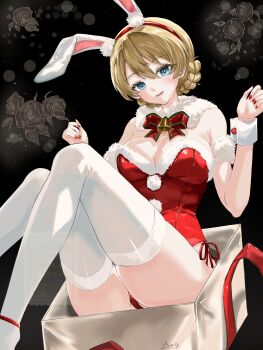 1girl alternate_costume animal_ears black_background blonde_hair blue_eyes bow breasts christmas commentary_request darjeeling_(girls_und_panzer) fake_animal_ears girls_und_panzer highres large_breasts leotard licoris_miko long_hair looking_at_viewer nail_polish open_mouth playboy_bunny rabbit_ears red_bow red_leotard sitting solo thighhighs watermark white_thighhighs wrist_cuffs