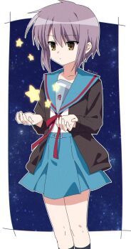 Rule 34 | 1girl, black socks, blue sailor collar, blue skirt, border, brown cardigan, brown eyes, cardigan, closed mouth, expressionless, highres, imamiyajet, kita high school uniform, kneehighs, legs, long sleeves, nagato yuki, night, night sky, open cardigan, open clothes, outside border, purple hair, red ribbon, ribbon, sailor collar, school uniform, serafuku, short hair, skirt, sky, socks, solo, standing, star (sky), star (symbol), starry sky, suzumiya haruhi no yuuutsu, white border, winter uniform