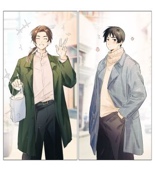 Rule 34 | +++, 2boys, absurdres, axis powers hetalia, bag, belt, black belt, black eyes, black hair, black pants, blue jacket, blurry, blurry background, blush, border, brown hair, building, checkered clothes, checkered jacket, china (hetalia), chinese commentary, closed eyes, closed mouth, commentary request, cowboy shot, day, flower, green jacket, hand in pocket, hands up, highres, holding, holding bag, jacket, japan (hetalia), lapels, long hair, long sleeves, looking at another, low ponytail, male focus, mandarin collar, multiple boys, notice lines, open clothes, open jacket, outdoors, pants, ponytail, shirt, short hair, smile, sparkle, standing, sweater, tea (candyfoxx), teeth, turtleneck, turtleneck sweater, w, white border, white shirt, white sweater