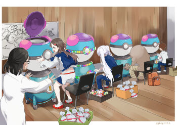 1boy 3girls absurdres applin arrow_(symbol) bag black_hair blue_pants blue_shirt blueberry_academy_school_uniform box brown_bag brown_hair buzzwole cardboard_box chair coat commentary_request dive_ball drawing_(object) dream_ball eyelashes florian_(pokemon) gambling gen_1_pokemon gen_7_pokemon gen_8_pokemon glasses glassy0302 heal_ball heart highres hitmonlee holding holding_bag indoors item_printer kuraishi_rinngo lab_coat level_ball long_hair long_sleeves luxury_ball machine medium_hair moon_ball multiple_girls nest_ball nintendo open_mouth original pants poke_ball poke_ball_(basic) poke_ball_theme pokemon pokemon_(creature) pokemon_sv quick_ball sack school_uniform shirt shoes short_sleeves shorts sitting standing teeth ultra_ball ultra_beast white_coat white_shirt white_shoes white_shorts whiteboard wooden_floor