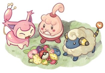 :d berry_(pokemon) blush_stickers closed_eyes closed_mouth fangs gen_2_pokemon gen_3_pokemon gen_4_pokemon grass happiny kong_(6ki3ki) mareep nintendo no_humans open_mouth oran_berry poke_ball poke_ball_(basic) pokemon pokemon_(creature) pokemon_focus sitrus_berry skitty smile standing