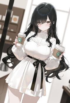 1girl absurdres black_hair blurry blurry_background breasts brown_eyes cafe closed_mouth commentary_request cup disposable_cup dress highres holding holding_cup indoors large_breasts long_hair long_sleeves looking_at_viewer neiless_neiro original puffy_long_sleeves puffy_sleeves solo thighs underbust white_dress