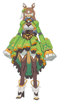 1girl absurdres animal_ears ascot black_ascot black_thighhighs breasts brown_hair center_frills commentary_request crossover dress frilled_dress frills full_body green_dress hair_between_eyes highres horse_ears horse_girl horse_tail long_hair long_sleeves looking_at_viewer mechanization medium_breasts multicolored_hair robot sarcophage satono_diamond_(umamusume) simple_background sleeves_past_fingers sleeves_past_wrists solo streaked_hair tail thighhighs umamusume very_long_hair virtual_on white_background white_footwear white_hair