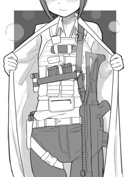 1girl :/ absurdres akts625 assault_rifle belt belt_buckle belt_pouch blurry blush body_armor bokeh border buckle bulletproof_vest chest_harness closed_mouth coat collared_shirt combat_knife commentary cowboy_shot depth_of_field dress_shirt embarrassed explosive eyes_out_of_frame grenade grenade_pin grey_background greyscale gun handgun harness hatching_(texture) head_out_of_frame highres holster kino_(kino_no_tabi) kino_no_tabi knife magazine_(weapon) monochrome open_clothes open_coat opened_by_self outside_border pants pouch revolver rifle romaji_commentary sheath shirt short_hair sidelocks simple_background solo standing thigh_gap thigh_holster tomboy too_many_weapons trench_coat very_short_hair weapon weapon_request white_border
