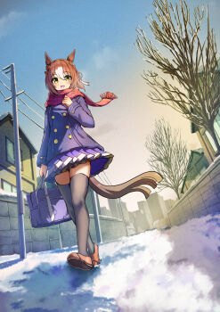 1girl absurdres animal_ears bag black_thighhighs blue_coat blush brown_hair building buttons clover_hair_ornament coat double-breasted fine_motion_(umamusume) green_eyes hair_between_eyes hair_ornament highres holding holding_bag horse_ears horse_girl horse_tail house ikaashi_you long_sleeves looking_at_viewer morning multicolored_hair open_mouth outdoors pleated_skirt power_lines purple_skirt purple_thighhighs red_scarf scarf school_bag school_uniform shirt shoes skirt smile snow solo tail thighhighs tracen_school_uniform tracen_winter_coat tree umamusume walking white_hair winter_clothes winter_coat winter_uniform