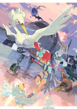 2girls :d aircraft airplane professor_juniper blue_eyes boots cloud coat day ducklett e_volution gen_5_pokemon green_skirt hair_ornament jacket looking_down multiple_girls nintendo one_side_up open_mouth outdoors pokemon pokemon_(creature) pokemon_bw pouch shorts sidelocks skirt sky skyla_(pokemon) smile swanna swoobat thigh_pouch unfezant unfezant_(female) watermark