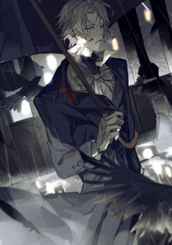 Rule 34 | 1boy, absurdres, bird, black coat, black shirt, black umbrella, black vest, blonde hair, blood, blood on clothes, blood on face, blue eyes, bow, bowtie, chinese commentary, coat, commentary request, cowboy shot, cuff links, curtained hair, expressionless, gloves, grey bow, grey bowtie, grey gloves, highres, holding, holding umbrella, lapels, lars rorschach, lars rorschach (midnight epilogue), long sleeves, looking at viewer, lovebrush chronicles, male focus, motion blur, muted color, parted bangs, parted lips, pillar, popped collar, rain, shirt, short hair, sidelighting, solo, standing, sumidainxin, turtleneck, turtleneck shirt, umbrella, undershirt, vest, white shirt