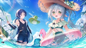 1boy 1girl absurdres alternate_costume armpit_crease bare_shoulders bird black_shirt black_shorts black_sleeves blue_sky blunt_ends blush bow bush cloud coconut_tree collarbone cross-shaped_pupils double-parted_bangs feathers floating flower flower_ornament flying food frills fungi_(genshin_impact) genshin_impact gold green_bow green_eyes hair_between_eyes hair_intakes hand_in_pocket hat highres holding holding_food holding_popsicle jacket jewelry long_sleeves looking_at_another looking_at_viewer midriff nahida_(genshin_impact) necklace o-ring off_shoulder open_clothes open_jacket open_mouth palm_tree parted_bangs partially_submerged pointy_ears pom_pom_(clothes) popsicle purple_eyes purple_hair scaramouche_(genshin_impact) seagull shirt shorts side_ponytail sidelocks sky splashing standing sun_hat sweat swim_ring swimsuit symbol-shaped_pupils tree tropical ugwa water_drop white_flower white_hair